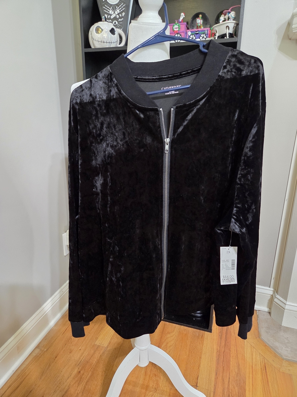 Catherines Black Velvet Bomber Jacket with Silver Zipper